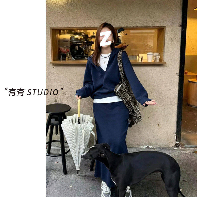 091621~「卫衣半裙两件套」韩系！简约纯色显瘦女士卫衣+半身裙