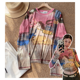 T恤 复古晕染圆领女士长袖 031720 「油画粉色小马T」韩系