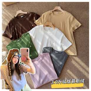 121321~「美拉德爱心扣慕斯绒T」韩版圆领基础款女打底短袖T恤