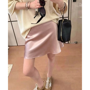 070820~「45度斜裁流光醋酸缎面凉感短裙」松紧腰显瘦女士半身裙