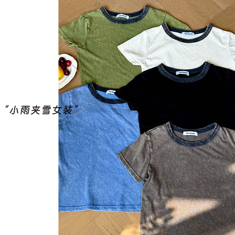 022321~「雨露棉复古T」韩系圆领拼接撞色女士短袖T恤