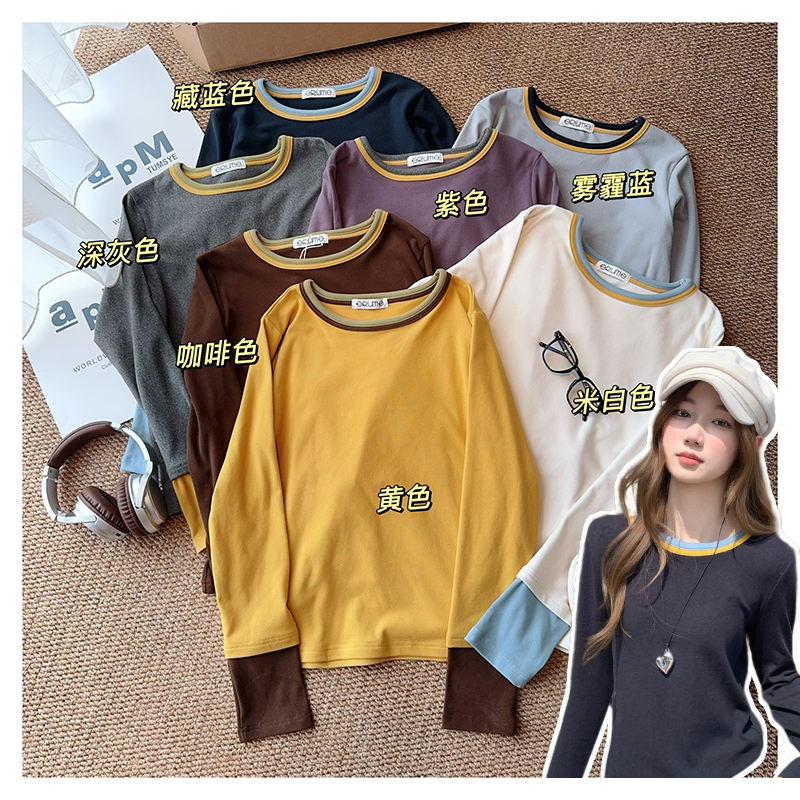 简约拼色袖百搭显瘦女士长袖T恤