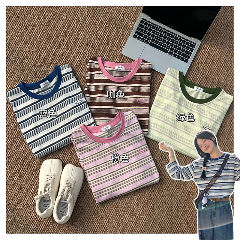 021025~「细条疏影长袖T」韩系！早春新款彩条撞色女士长袖T恤