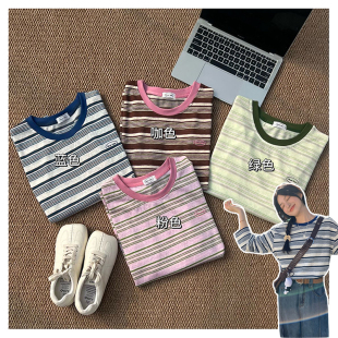 彩条撞色女士长袖 021025 早春新款 T」韩系 T恤 「细条疏影长袖