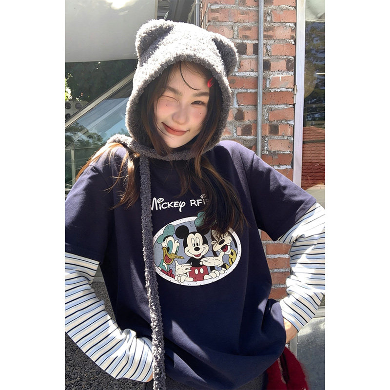 012420~「趣味小鼠假两件T」韩系！撞色条纹袖假两件女士长袖T恤,女装/女士精品,T恤,淘宝优惠券,粉丝福利购,淘宝优惠卷