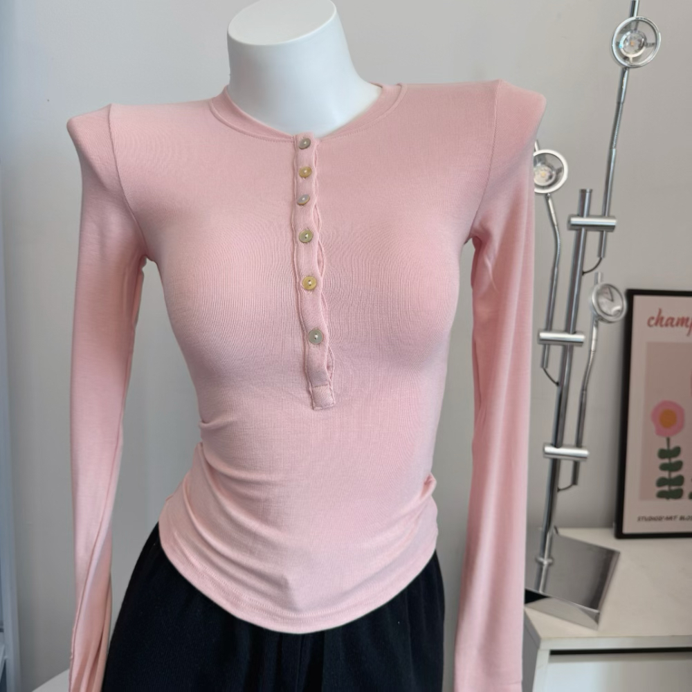 2025新款美式辣妹纽扣亨利衫性感紧身显身材上衣女收腰长袖T恤