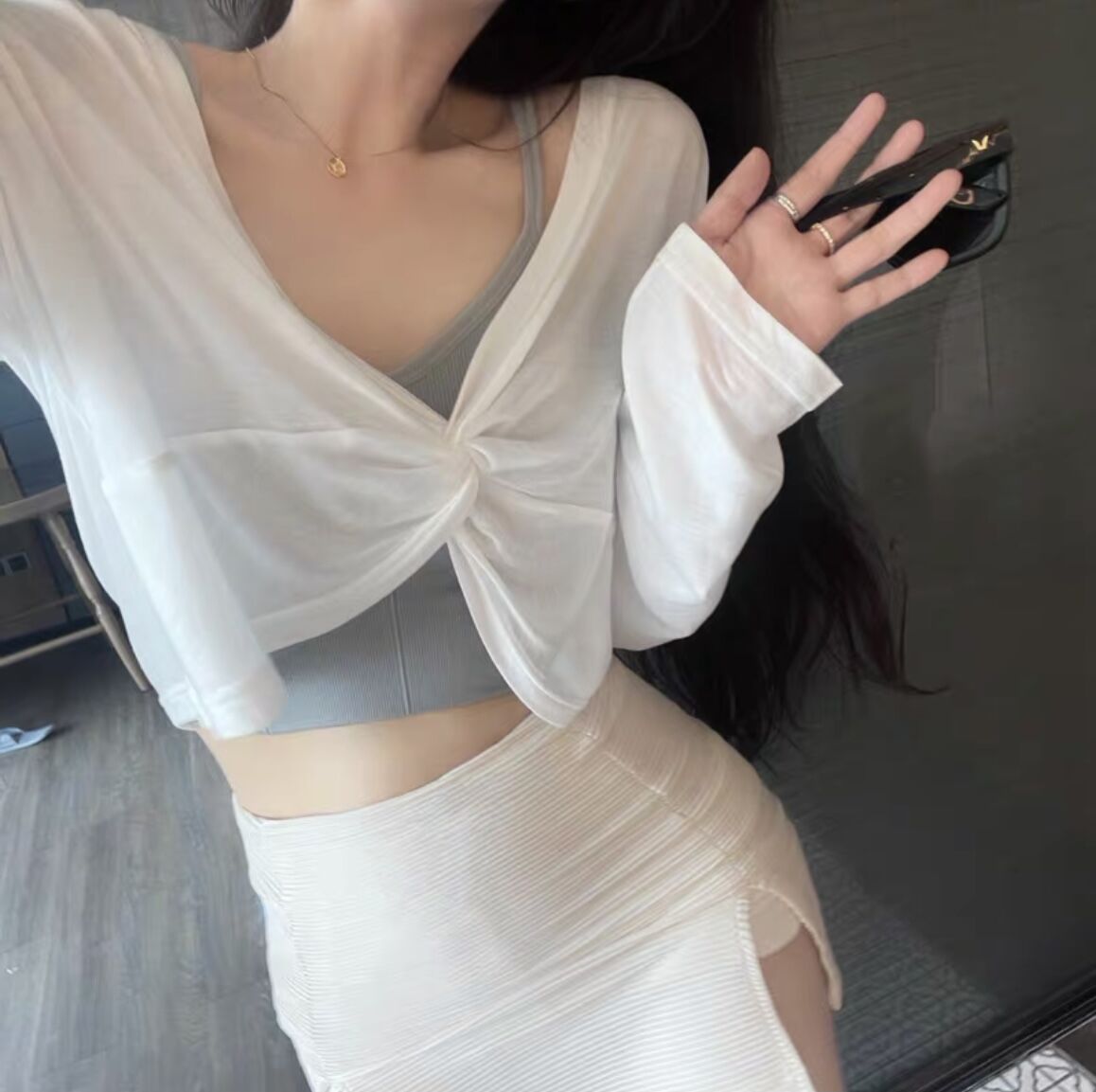 纯欲夏季防晒服交叉扭结糖色