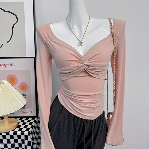 长袖纯欲薄款胸口交叉棉质女款