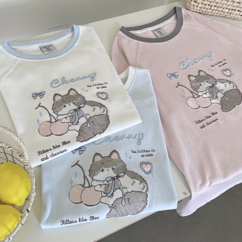 可爱甜美刺绣猫咪纯棉短袖t恤女夏季韩系少女chic学院风宽松上衣