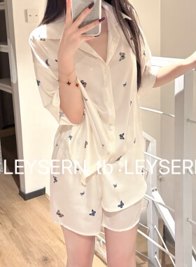 LEYSERN【蝶语珠光】冰丝蝴蝶男友风纯欲衬衫睡衣家居服薄款套装