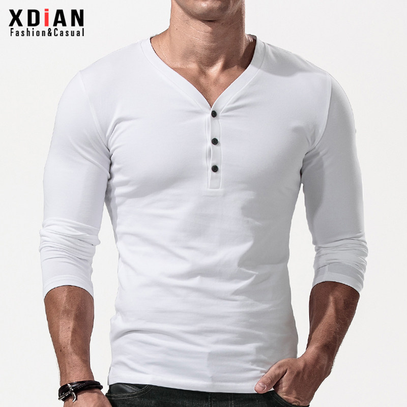 亨利领长袖t恤男薄款纯色纯棉美式复古打底衫紧身修身上衣V领秋季