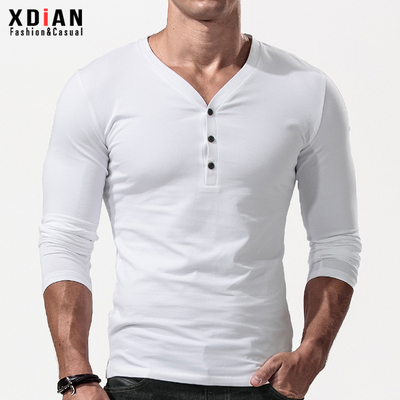 亨利领长袖t恤纯色纯棉紧身修身