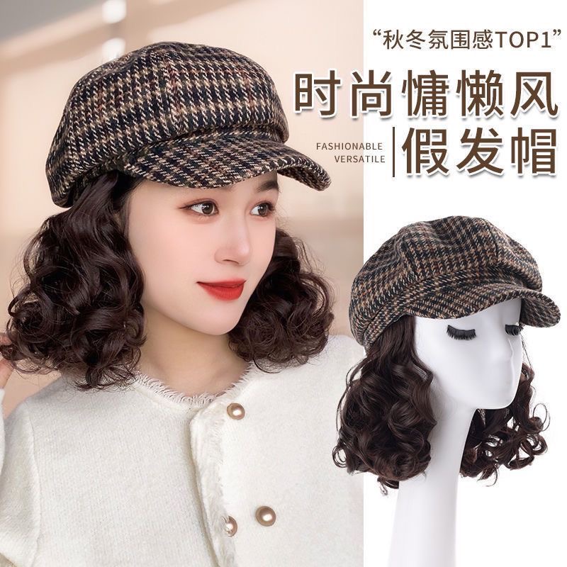 帽子假发一体女复古千鸟格八角帽短卷发百搭鸭舌帽假发一体全头套