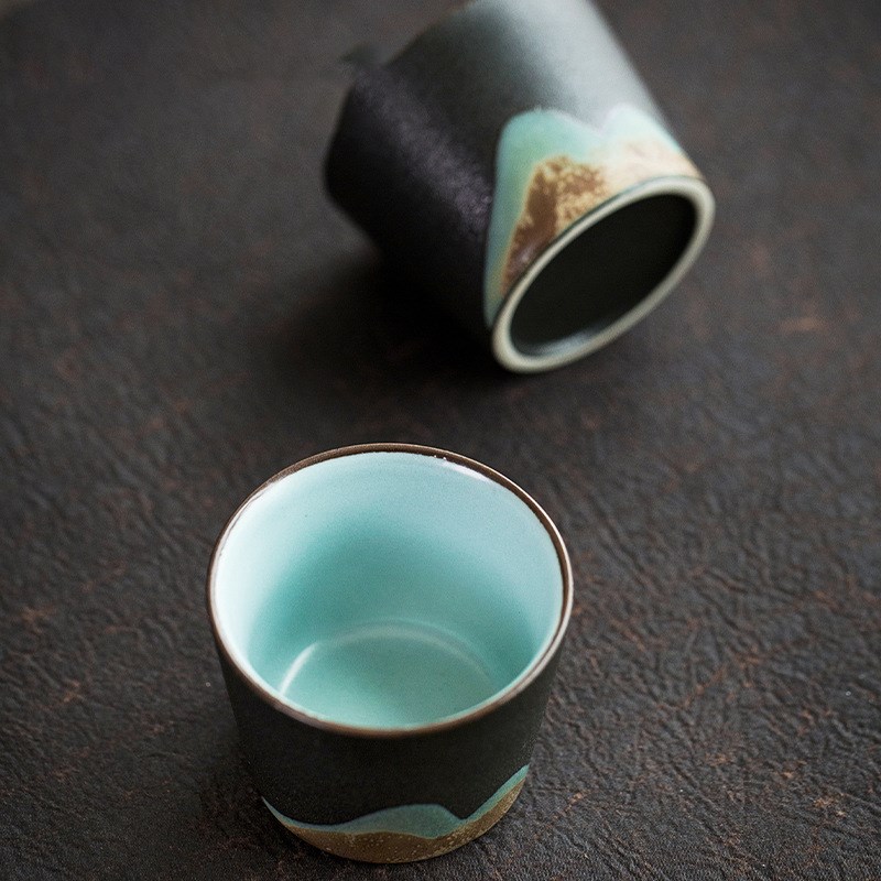 釉画山水主人杯单杯粗陶个人陶瓷建盏茶杯茶碗功夫茶具礼盒装