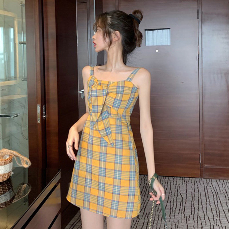 2019新款夏法国小众桔梗裙修身显瘦格子吊带女气质a字短裙连衣裙|ruв категории Женская одежда, платье - от Buy2taobao.com для оказания профессиональной услуги покупки агента Taobao