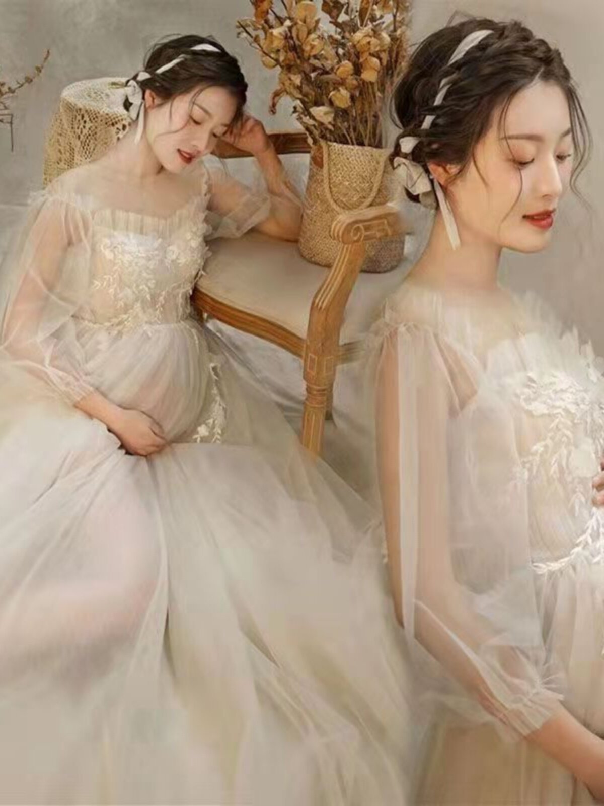 임대 2023 출산 사진 의류 흰색 거즈 스커트 아름다운 섹시한 예술 사진 개인 사진 스튜디오 사진 의류