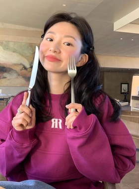 MoreLess 韩国小众RR字母刺绣宽松套头卫衣拼接圆领休闲毛圈上衣