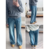 显瘦遮胯裤 MoreLess ROW老钱风扎花撞色水洗蓝加绒小直筒牛仔裤 子