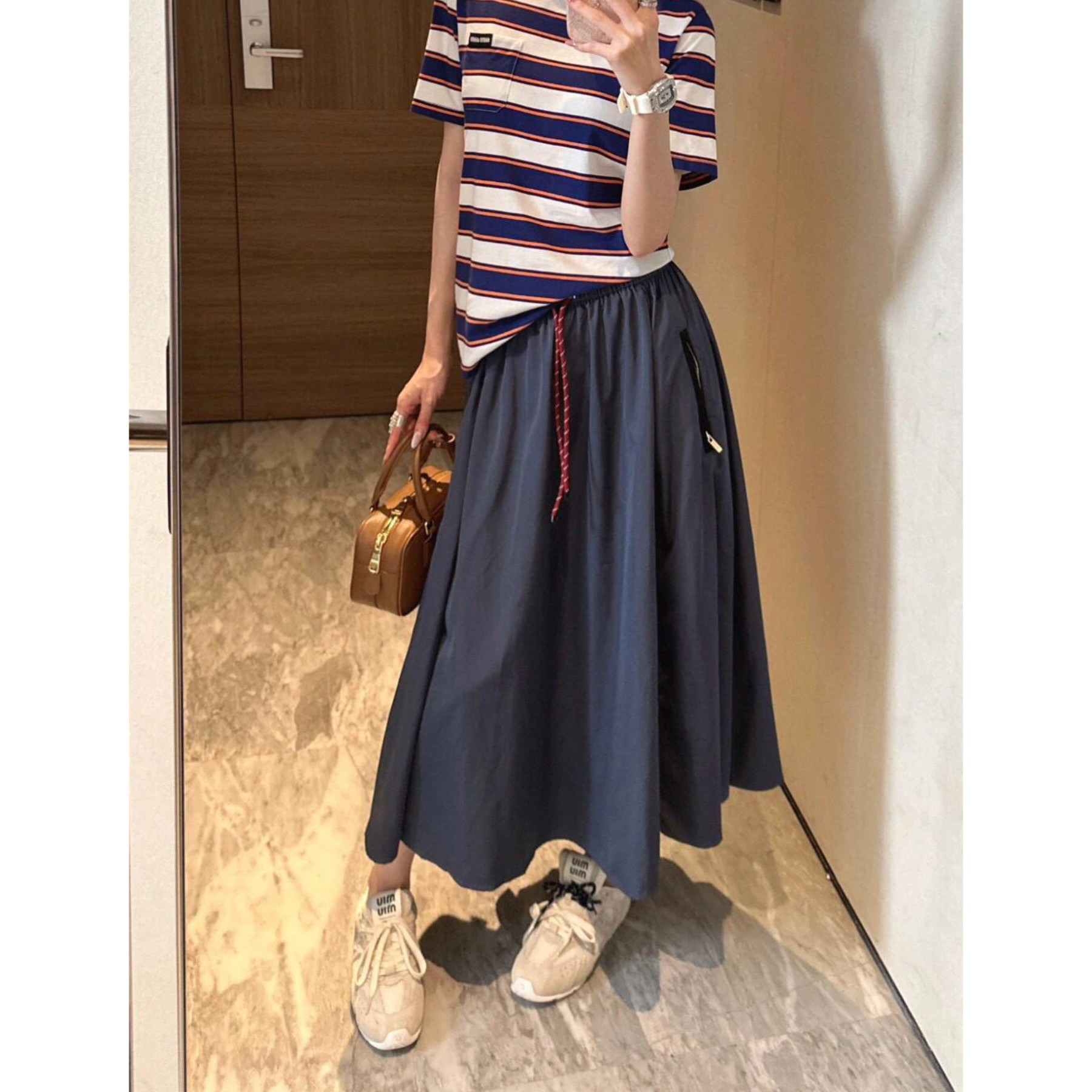 Miu风撞色织带口袋半身裙