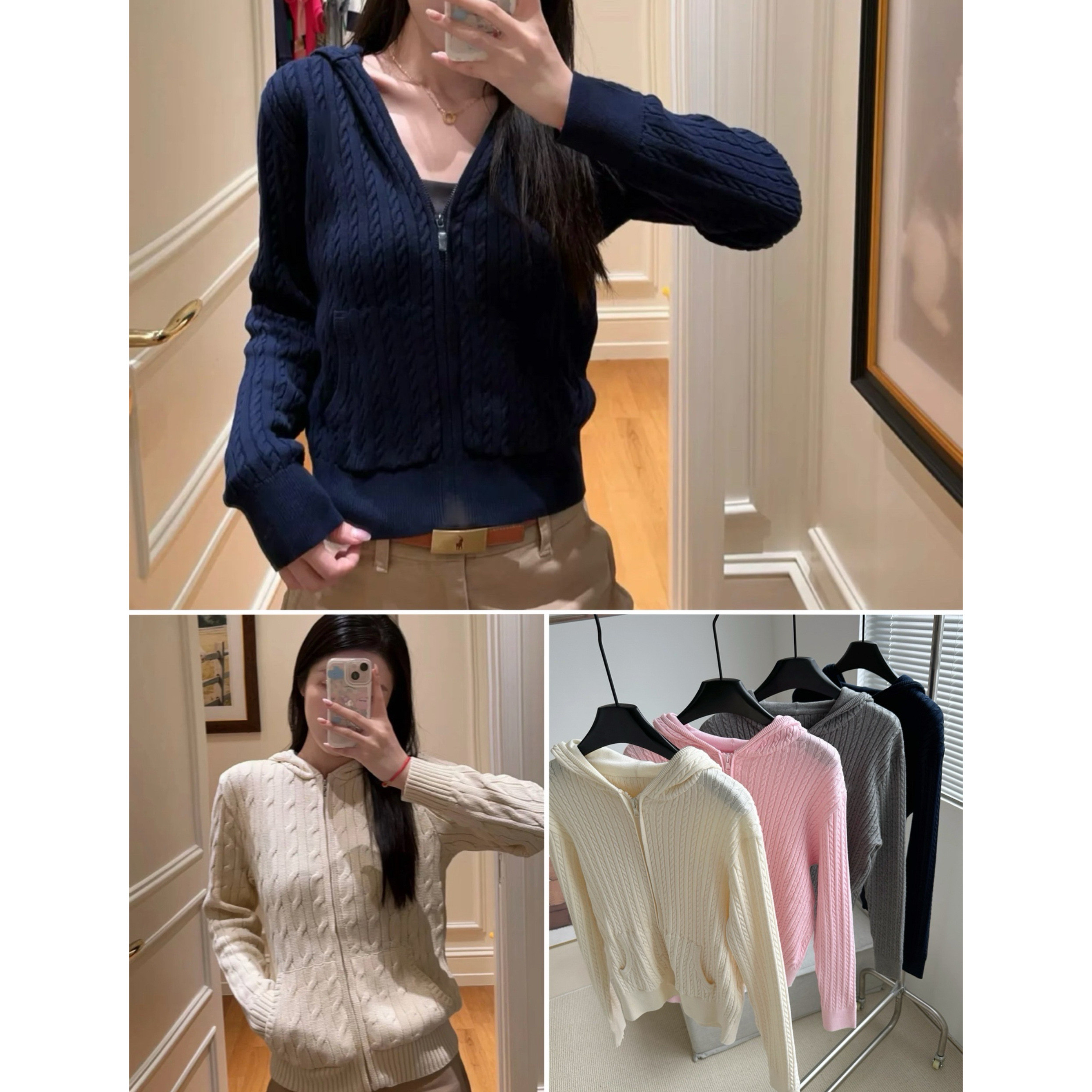 小马刺绣绞花连帽开衫拉链针织衫