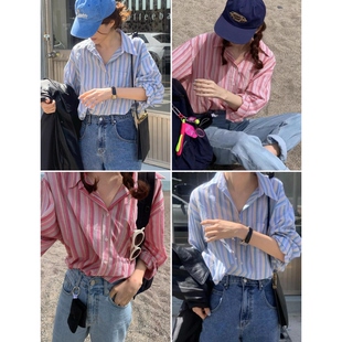 MoreLess 韩单Maltose同款春日来信粉蓝竖条纹衬衣纯棉百搭韩系女