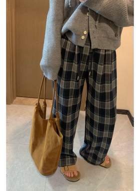MoreLess 自制 韩系灰蓝色格纹毛呢休闲裤慵懒松弛感百搭加绒裤子