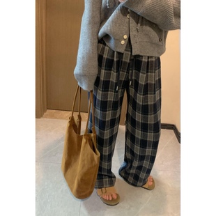 MoreLess 自制 韩系灰蓝色格纹毛呢休闲裤慵懒松弛感百搭加绒裤子