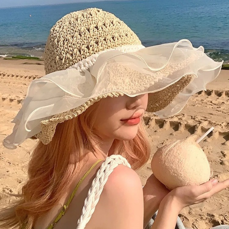 防晒草帽女士夏季旅游可折叠带蕾丝蝴蝶结镂空钩针盆帽