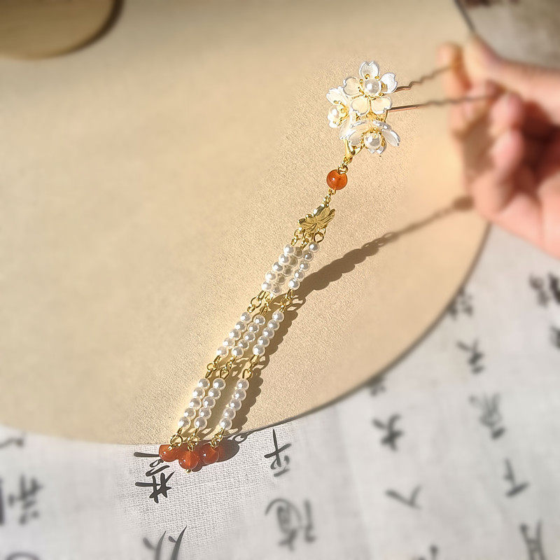 古风盘发小插花U型夹汉服头饰仿珍珠流苏点缀宋制u簪钗子古装造型