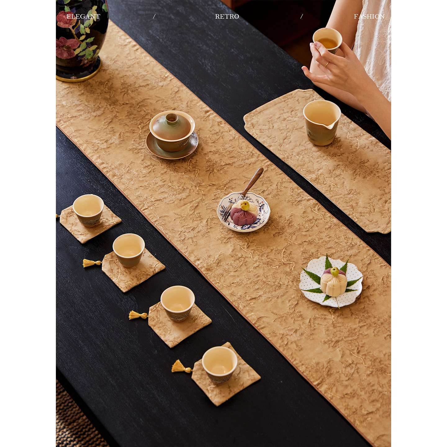 蜡笔派金缕缠枝茶旗中式复古餐桌盖布轻奢高端防水免洗茶几桌旗