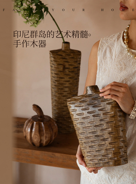 蜡笔派拙朴居手作木器艺术风情木质舶来品摆件侘寂风艺术品花瓶