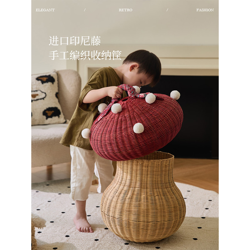 【孤品】蜡笔派蘑菇堡收纳筐进口藤编脏衣服篓超大容量家用摆件