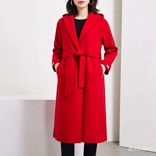 双面羊绒连帽腰带简单大衣外套女25007
