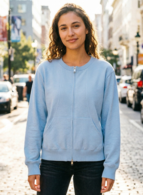 2026春季新款时尚圆领双拉链简约百搭显瘦针织开衫上衣58626