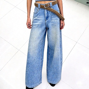 加绒加厚亮片浅蓝色水洗折痕阔腿牛仔裤女高腰宽松直筒拖地5482