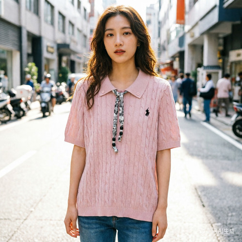 2026春季新款时尚百搭显瘦刺绣马针织翻领短袖T恤女上衣潮97787