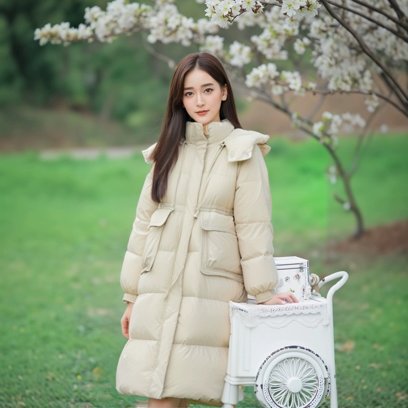 白鸭绒口袋抽绳收腰加厚连帽加厚保暖冬装羽绒服1728