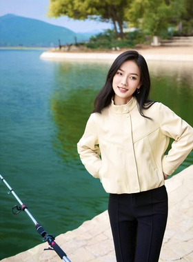 65pu15棉5涤纶10粘胶5金属丝皮衣拉链外套女短款宽松050机车88035