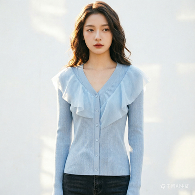 2026年春款荷叶边翻领针织衫简约显瘦上衣女仙女拼接21066