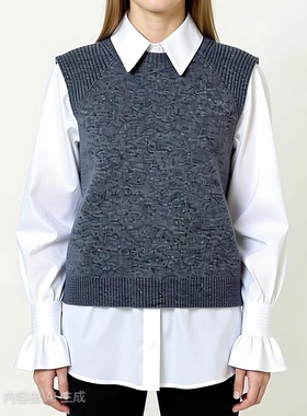 羊毛针织马夹小个子洋气春秋套装可拆卸衬衫马甲两件套女25193