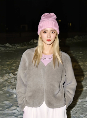 100聚酯里料麂皮绒小金貂仿皮草外套女短款V领纯色外套66366