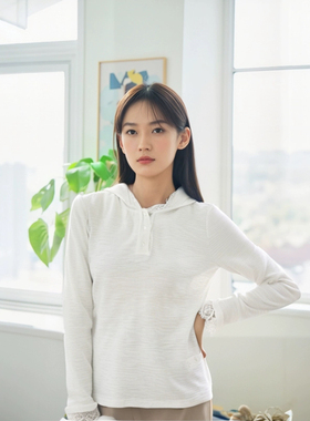 30棉70化纤连帽蕾丝长袖T恤女百搭时尚打底衫女上衣潮10976