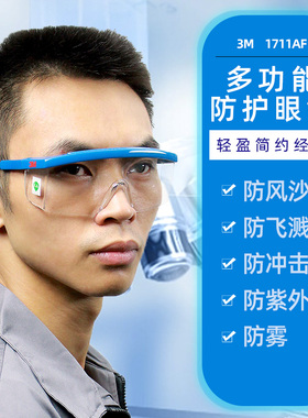 3M1711AF防护眼镜防飞沫防雾防虫防风沙防灰尘防紫外线平光护目镜