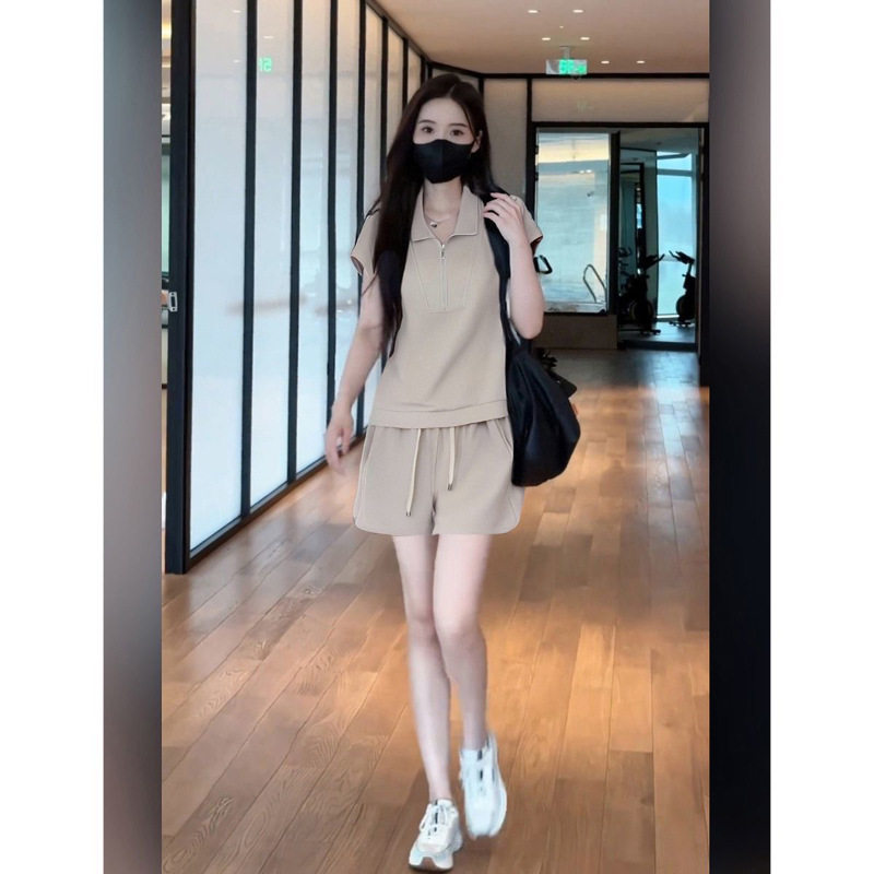 休闲简约套装女2025年夏新款时尚短款Polo领卫衣休闲短裤两件套