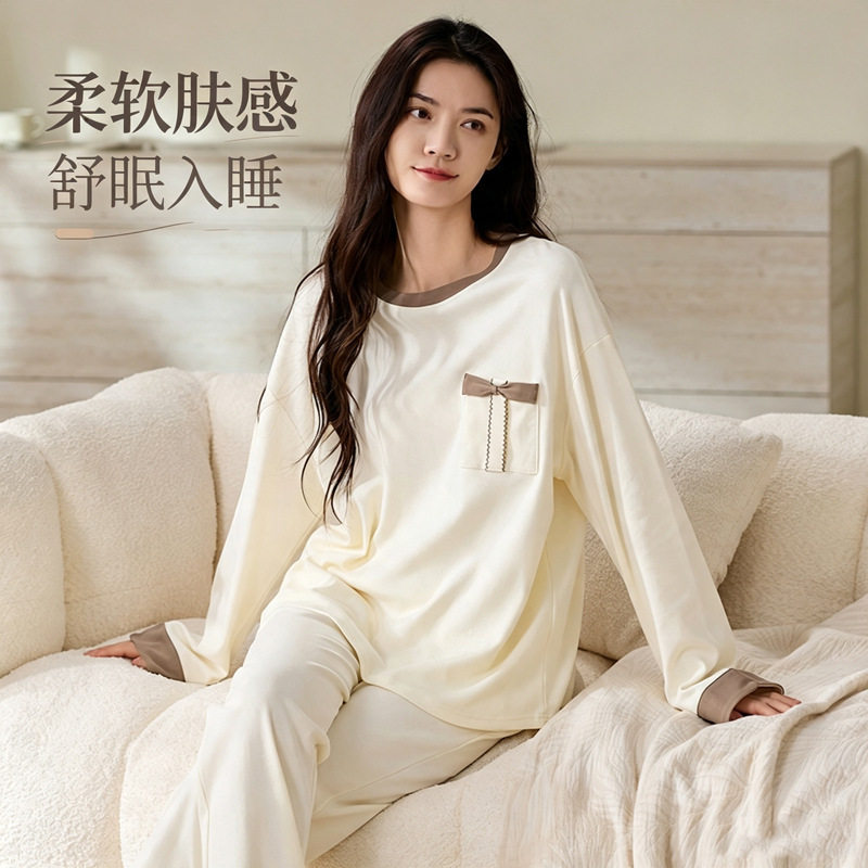 睡衣女纯棉春秋款长袖长裤简约休闲套头家居服套装女款宽松可外穿