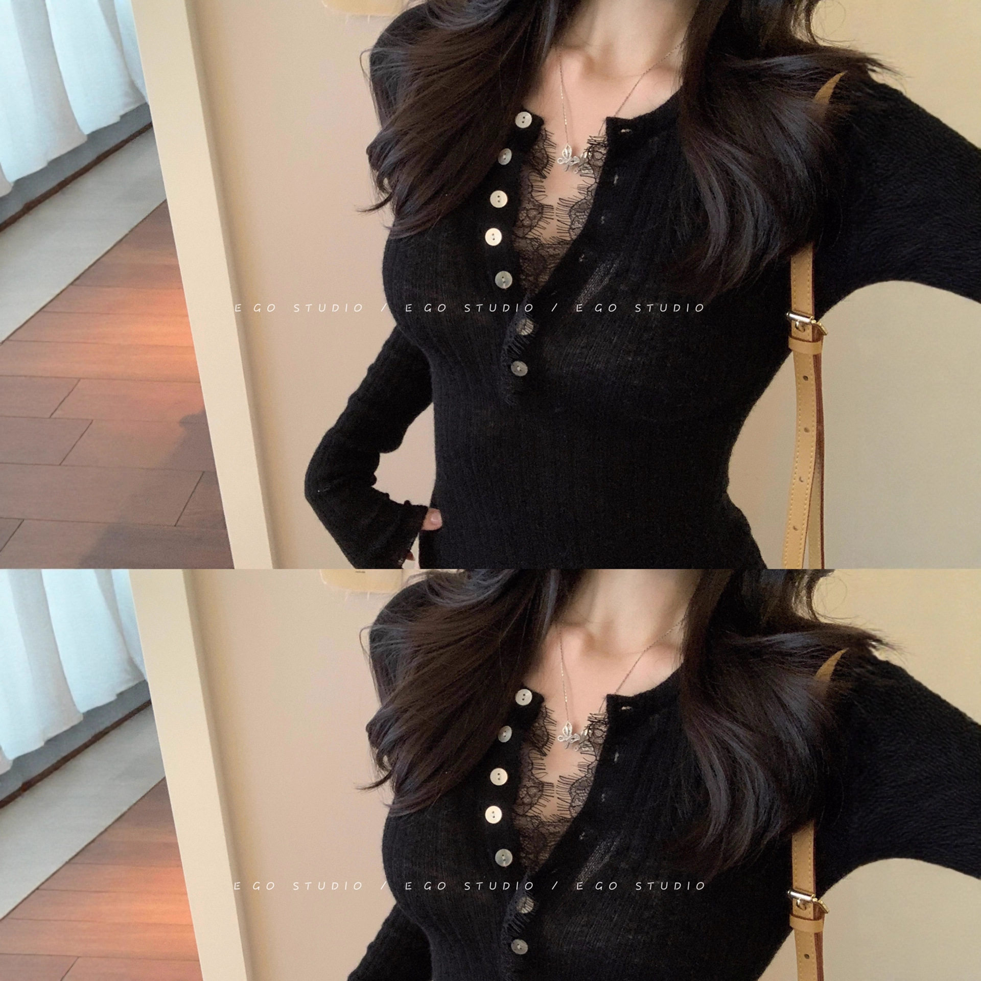 纯欲蕾丝v领黑色打底衫女秋冬小香风内搭高级感修身显瘦针织上衣