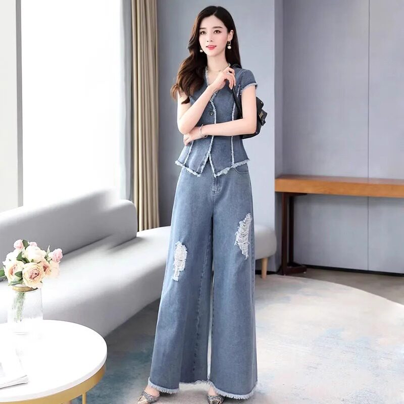 牛仔套装女夏2024年夏装新款女装夏季时尚气质减龄阔腿裤两件套潮