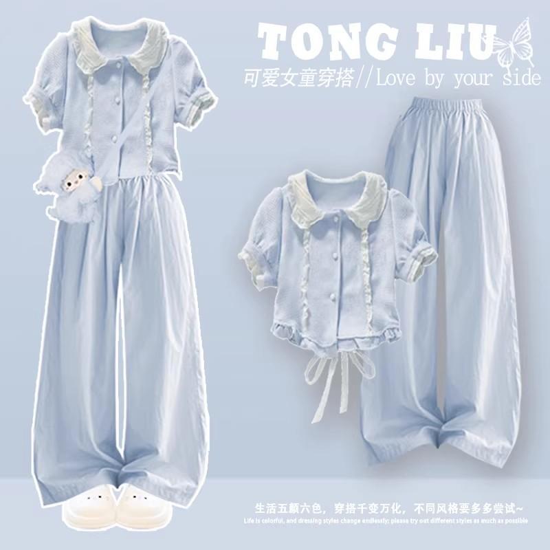 女夏套装2026新款时尚洋气女巨好看多巴胺蓝色短袖裤子套装