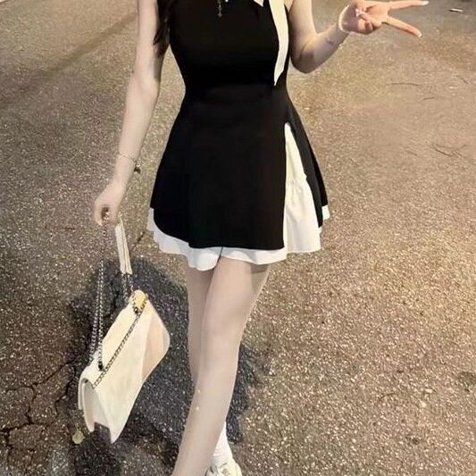 衣服女款春季社会女快手网红同款套装撞色蝴蝶结系带开叉无袖针织