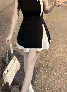 衣服女款春季社会女快手网红同款套装撞色蝴蝶结系带开叉无袖针织